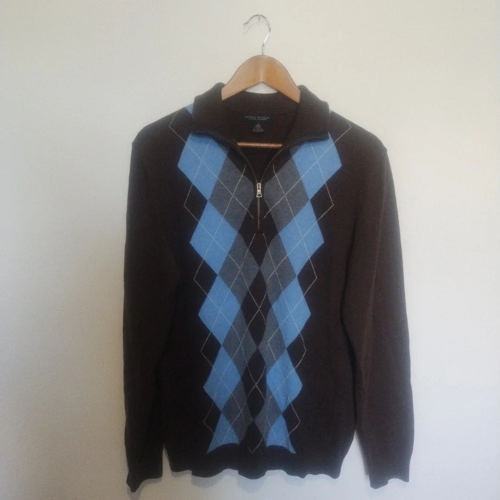 Banana Republic Argyle Sweater Mens Medium Brown 1/4 Zip Cotton Cashmere 00s